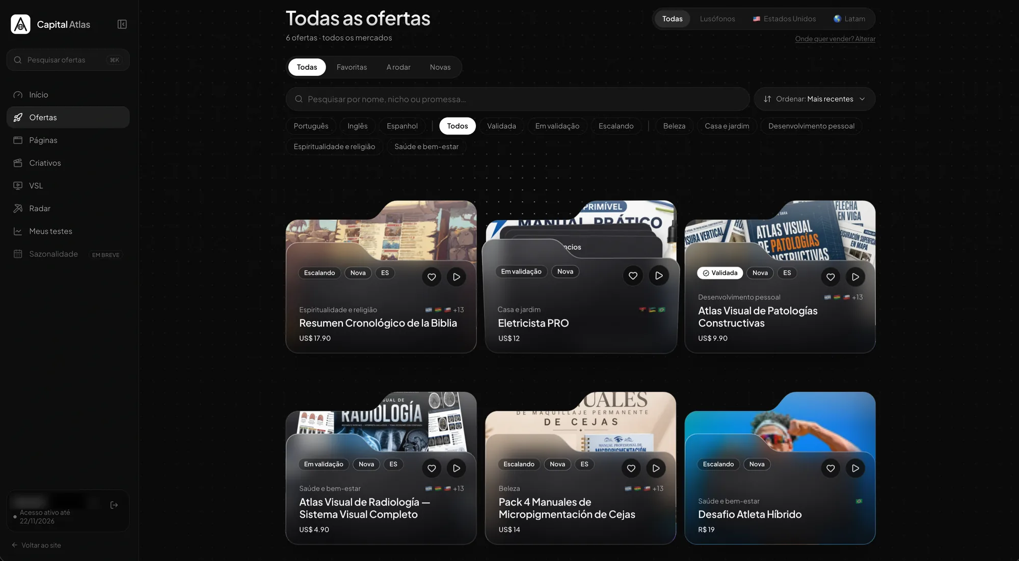 Biblioteca do Capital Atlas com filtros por mercado e seis ofertas com seus kits prontos para usar.